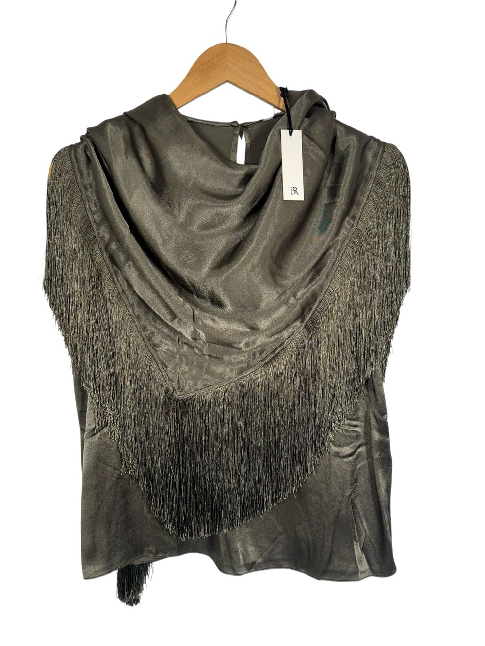 Banana Republic Womens Silky Crepe Fringe Top, Size XS Small Olive Green, NWT - Picture 2 of 11
